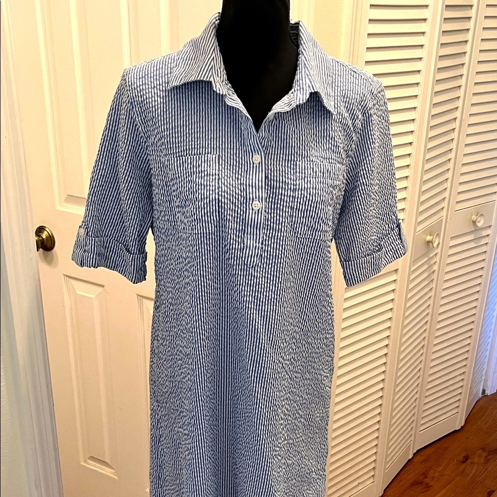 Karen Scott Navy Striped Seersucker Pullover Dress